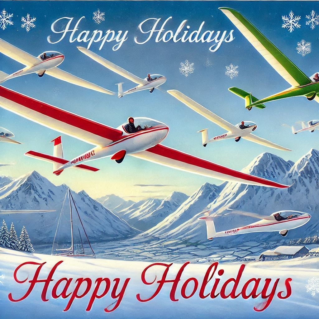 Szene mit mehreren Segelflugzeugen, die in einem klaren blauen Himmel über verschneiten Bergen schweben. Schneeflocken und der Schriftzug „Happy Holidays“ schmücken die obere Bildhälfte, während unten ebenfalls „Happy Holidays“ in Rot steht. Die verschneite Landschaft unterstreicht die festliche, friedliche Stimmung.