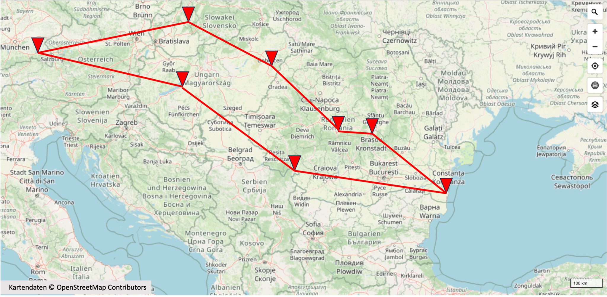 Flugreise des Motorseglers D-KYSI von Unterwössen über Prievidza, Hajdúszoboszló, Sibiu, Brașov und Tuzla am Schwarzen Meer nach Drobeta und Siófok zurück nach Unterwössen – rund 18,5 Flugstunden. https://www.openstreetmap.org/copyright